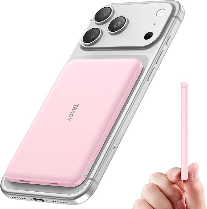 TRKOY for Magsafe Portable Charger, 5000mAh for Magsafe Power Bank with USB C Fast Charging,Travel Essential for Magnetic Battery Pack Wireless Compatible with iPhone 17/16/15/14/13/12 Series, Pink by TRKOY