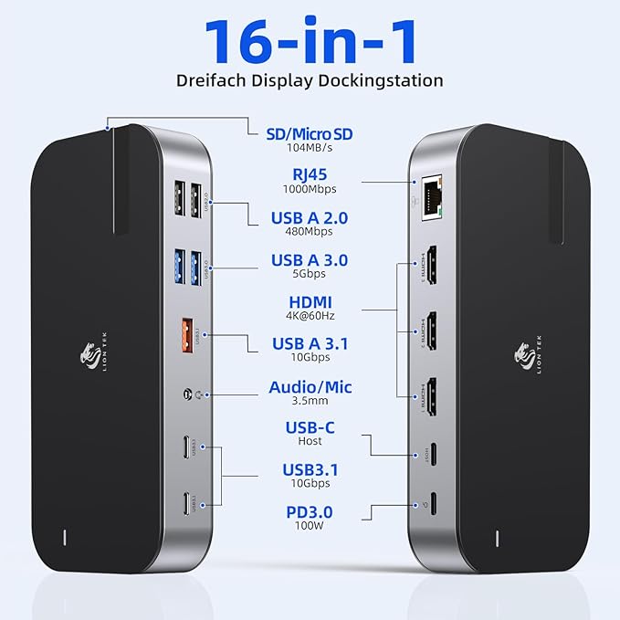 Laptop Docking Station, 16 in 1 USB C Docking Triple Monitor, USB C Dock Station - Image 2