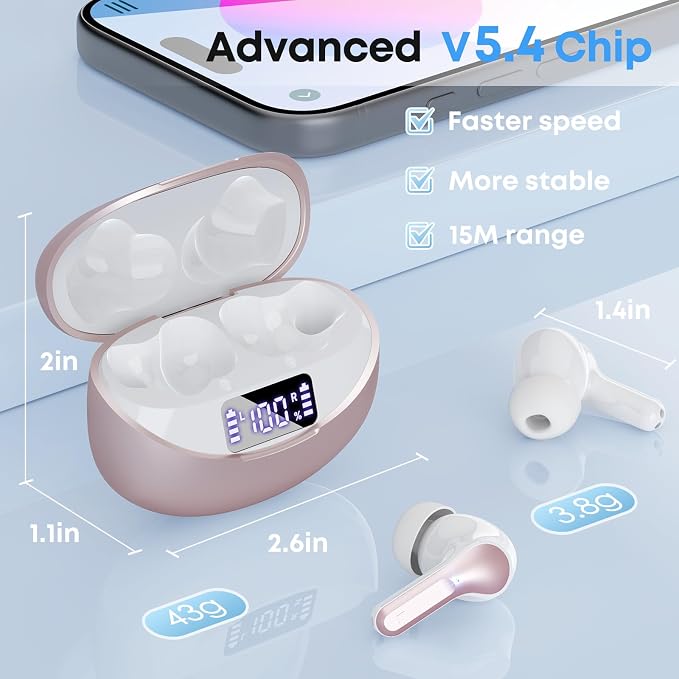 Wireless Earbuds, Bluetooth 5.4 Headphones HiFi Stereo 50H Playback LED Digital Display Ear Buds with ENC Noise Canceling Headset, IPX7 Waterproof Earphones for Gym/Running/Work(Rose Gold) - Image 6