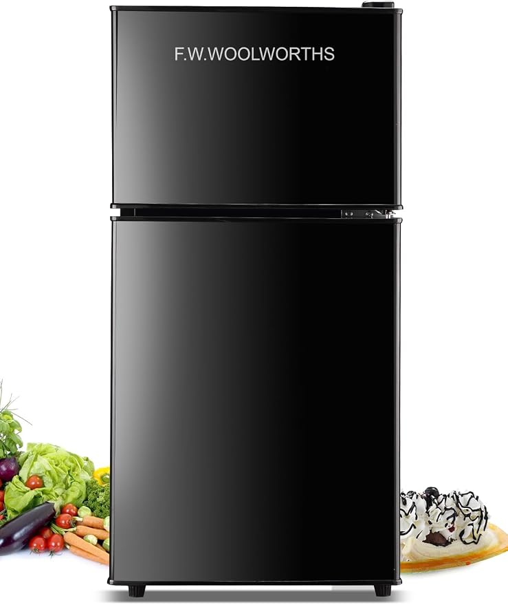 F.W.WOOLWORTHS 3.5 Cu.Ft Refrigerator with Freezer | Compact Fridge with 2 Doors for Office, Kitchen, Dorm and Bedroom, 7 Level Temp Adjustable Thermostat, Black by FWWOOLWORTHS