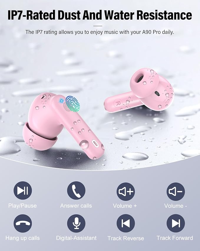 Wireless Earbuds, Bluetooth 5.4 Headphones Bass Stereo/Clear Calls, Pink | Ear Buds with Noise Cancelling Mic LED Display in Ear Earphones IP7 Waterproof 36H Bluetooth Earbuds for Phones/Sport/Laptop - Image 8