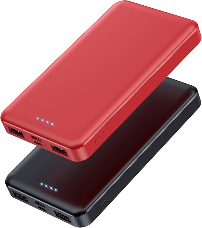 [2 Pack] Portable Charger Power Bank 10000mAh,Ultra Slim Compact External Battery Pack with USB C Input & Dual USB Outputs Backup Charger Compatible with iPhone 13,12, Samsung S20,Tablet-Black+Red by AONIMI
