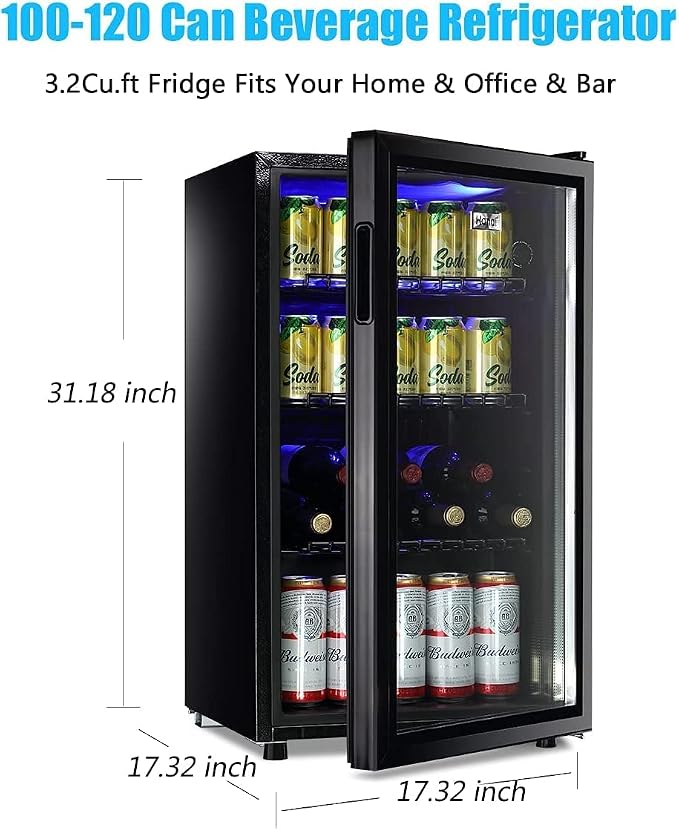 Mini Fridge Glass Door 120 Cans Beverage Refrigerator Small Wine Cooler Clear Front Drinks Fridge for Soda Beer Bar Home Office with 7 Thermostat LED Lights 3.2 Cu. Ft - Image 2