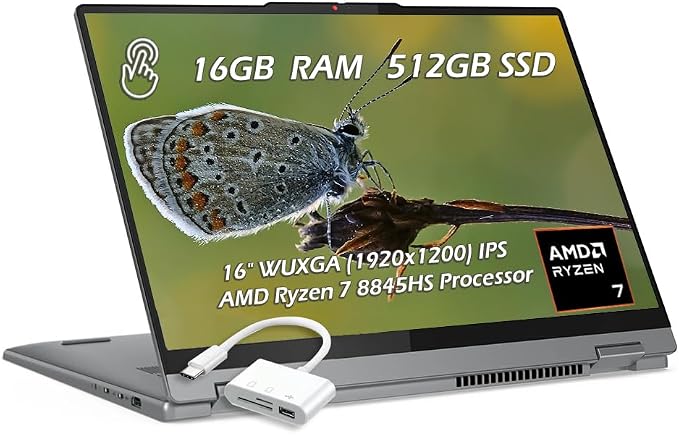 Lenovo IdeaPad 5 2-in-1 Laptop, 16" WUXGA Touchscreen, AMD Ryzen 7 8845HS, 16GB RAM, 512GB SSD, AMD Radeon Graphics, Backlit KB, Wi-Fi6, FP Reader, Win11, Luna Grey, w/USB Hub, W/GaLiMu by LENOVO