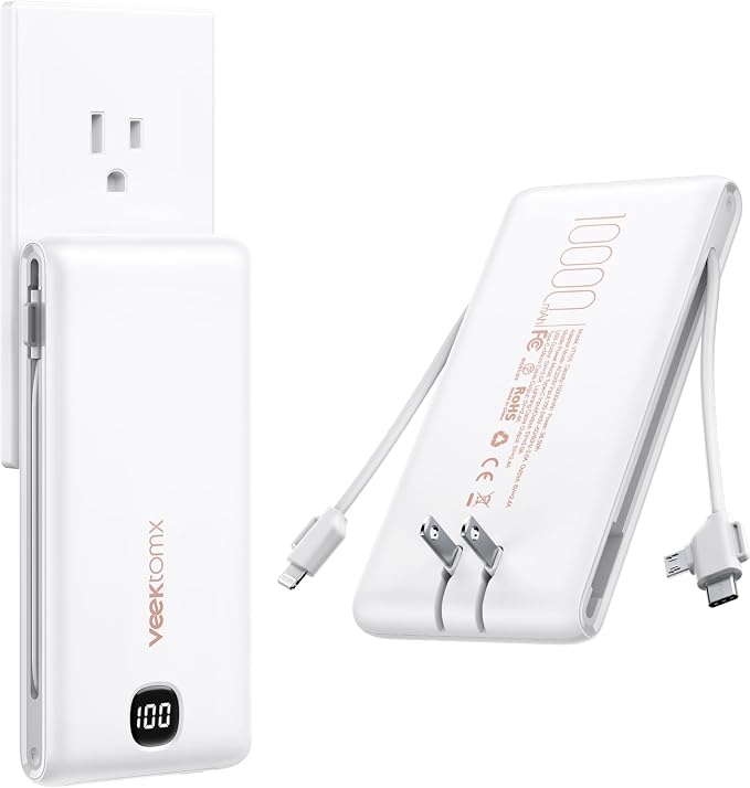 VEEKTOMX Portable Charger with Built in Cables 10000mAh, Power Bank for iPhone with AC Wall Plug, Fast Charging USB C Slim Battery Pack with LED Display Compatible with iPhone 17/16/15/14, Samsung by VEEKTOMX