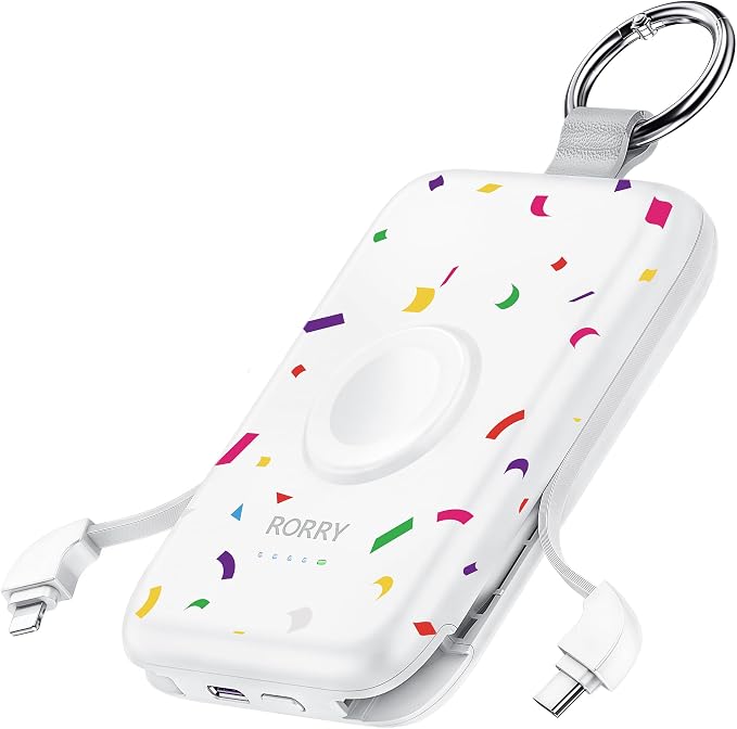 RORRY Portable Charger, 10000mAh PD 20W Fast Charging Portable Charger Power Bank with Built in Cables, Travel Battery Pack for iPhone and Apple Watch Ultra/11/10/9/8/7/6/5, Confetti-White by RORRY