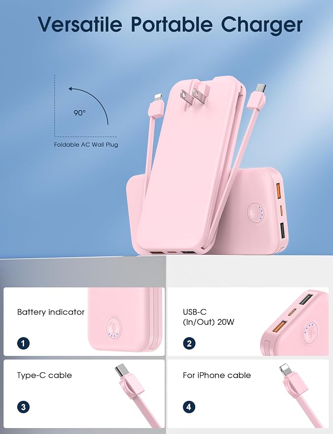 Nusyddy Portable Charger, 10000mAh PD20W Fast Charging Power Bank with Built-in Cables & Wall Plug, Travel Essentials External Battery Pack, USB C Battery Phone Charger for iPhone, iPad, Samsung Pink - Image 3
