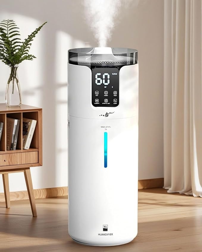 Humidifier Large Room, 4.2 Gal/16L Large Humidifier for 1500 sq.ft, 360° Nozzles Cool Mist Ultrasonic, Top Fill Tower Humidifiers for Bedroom Office Plant wholehouse with Extension Tube, Night Light by Bigcapacitybigpeaceofmind