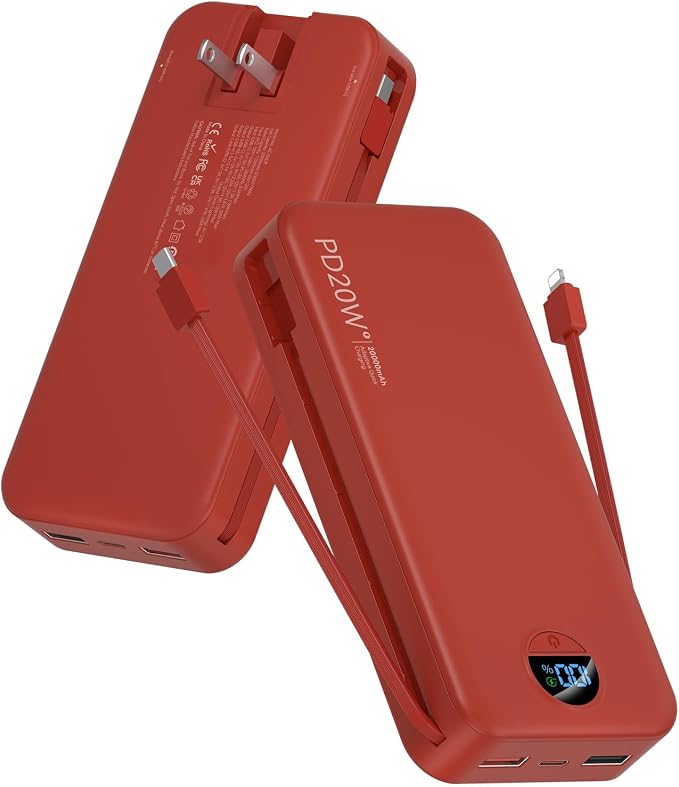 citicr Portable Charger Power Bank, 20000mAh PD20W USB C Fast Charging with Built-in Cable & Wall Plug, External Battery Pack with LED Display, Travel Essential for iPhone, iPad, Samsung Red by CITICR