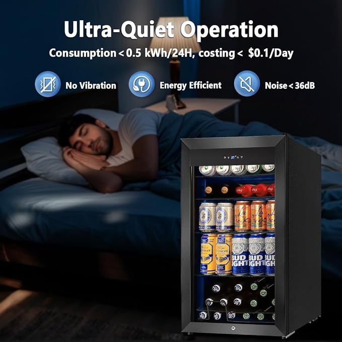 Beverage Refrigerator Cooler, 130 Cans 3.22 Cu.Ft Small Refrigerator with Low-E Glass Door, Lock, 17-Inch Beer Fridge for Drinks, Beer and Wine, Mini Fridge for Bedroom, Office and Bar, Black - Image 7