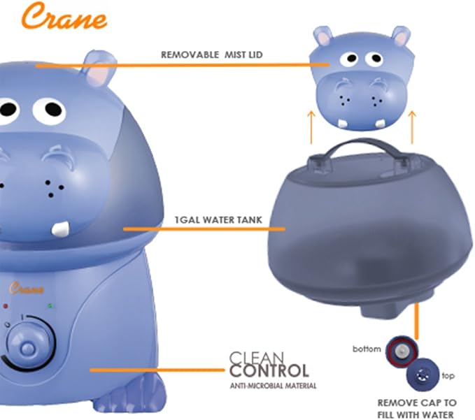 Crane Animal Humidifier for Kids Bedroom, 1 Gal. Cool Mist Humidifier with Adjustable Settings, Optional Filter, Auto Shut-Off, Hippo - Image 5