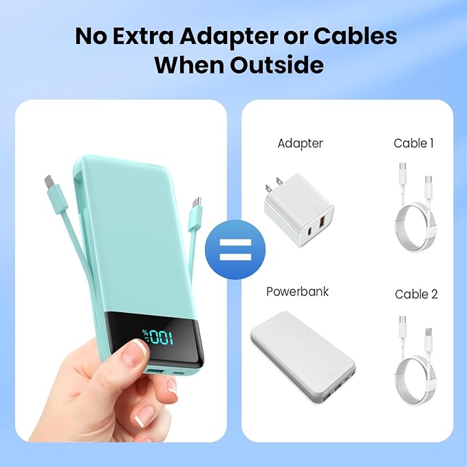 Portable Charger for iPhone,13800mAh Slim Power Bank with Built-in Cables & AC Wall Plug,All in One 4 Outputs USB C Fast Charging Battery Pack Travel Essential for iPhone 17/16/15/14,Android (Green) - Image 3
