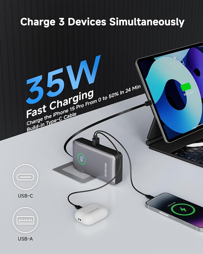 Portable Charger with Built in 25.6in Retractable Cable and Wall Plug, 10000mAh USB C Travel Power Bank, 35W Fast Charging Battery Pack Compatible with iPhone 16 15 14 13 Samsung Android Phone etc - Image 3