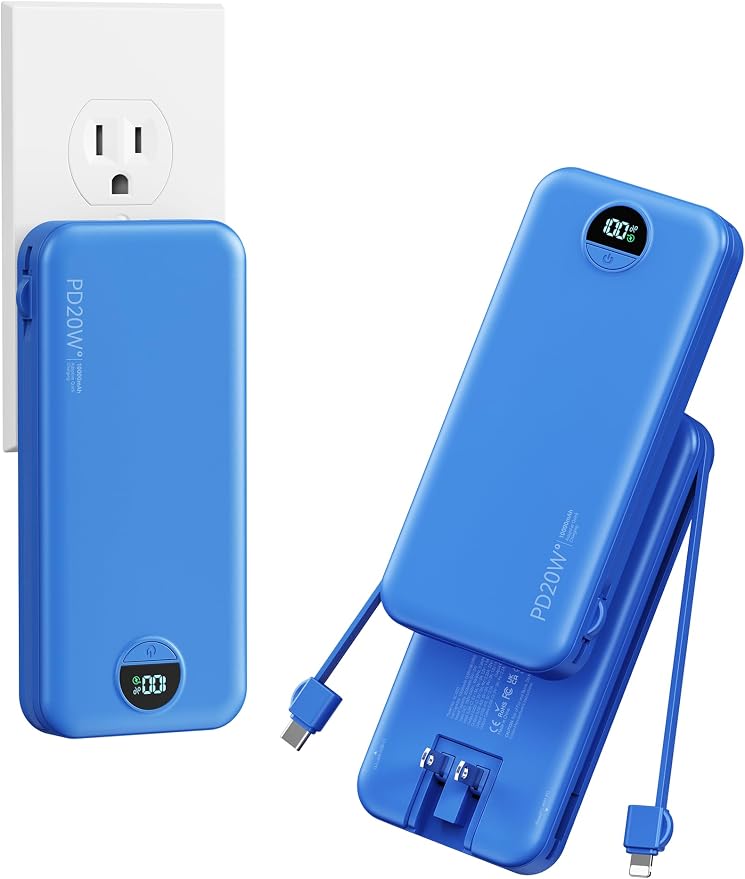 10000mAh Ultra-Portable-Charger-Power-Bank with Built in Cables&AC Wall Plug, PD20W USB-C Fast Charging Cell Phone Charger Battery Pack,LED Display Travel Battery Bank for All iPhone,Samsung,Android by AONIDI