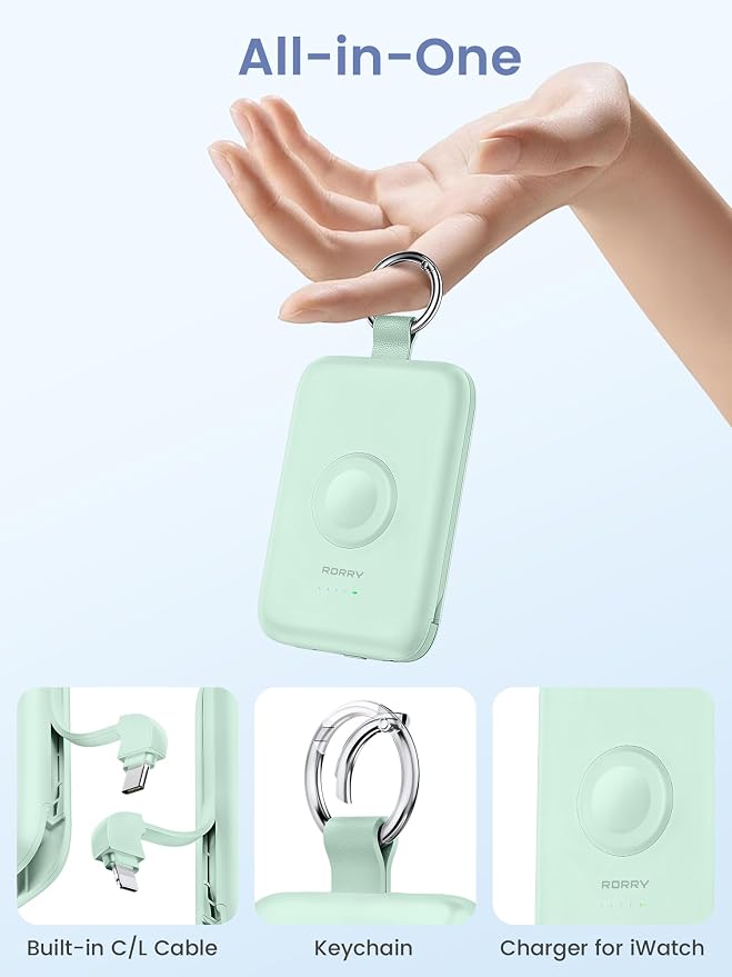 RORRY Portable Charger, 10000mAh PD 20W Fast Charging Portable Charger Power Bank with Built in Cables, Travel Battery Pack for iPhone and Apple Watch Ultra/11/10/9/8/7/6/5, Green - Image 2