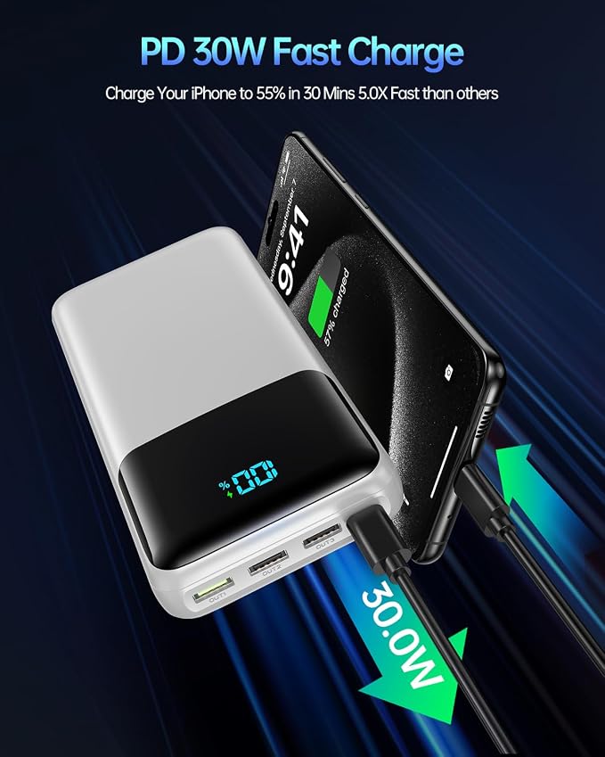 Portable Charger Power Bank 50000mAh, USB-C PD 30W Fast Charging, High Capacity External Battery Pack for Camping, Portable Phone Charger for iPhone 17/16/15/14/13/12/11 Samsung Android (White) - Image 2