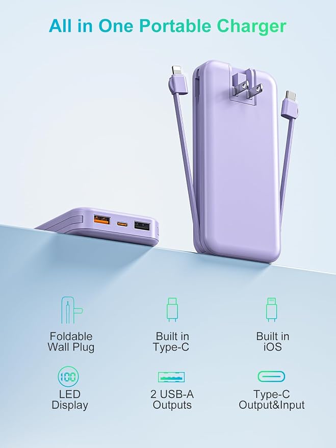 Portable Charger, 10000mAh PD20W USB C Fast Charging Power Bank with Built-in Cables and AC Wall Plug, Smart LED Display Travel Essentials Battery Pack Compatible with iPhone, iPad, Samsung etc Purple - Image 9