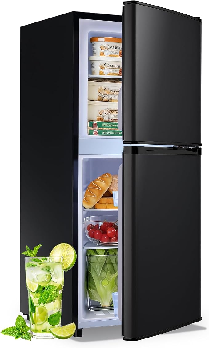 DEMULELR 3.9Cu.ft Small Refrigerator with Freezer Two Door Fridge with Crisper Drawer & Extra Drink Space, LED Light, Small Fridge for Dorm Office Home 17.5"D x 17.7"W x 40"H，Black by DEMULLER