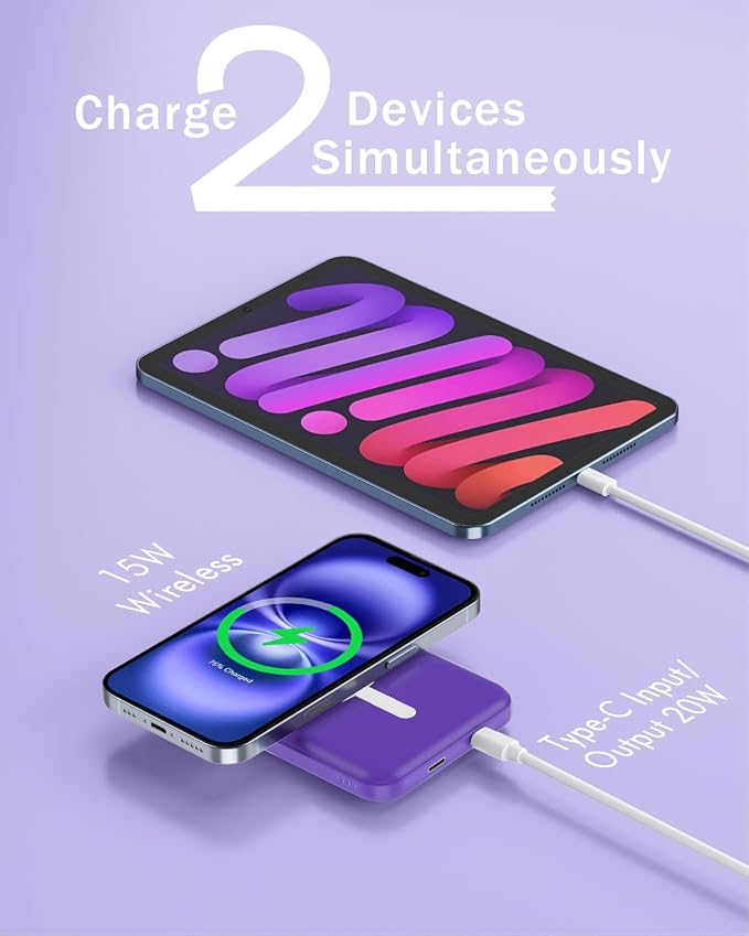 podoru for Magsafe Battery Pack, 5000mAh Magnetic Power Bank with Type-C Cable 20W PD Fast Charging Lighting Input Wireless Portable Charger for iPhone 17/16/15/14/13/12/ All Series-Demon Purple - Image 5