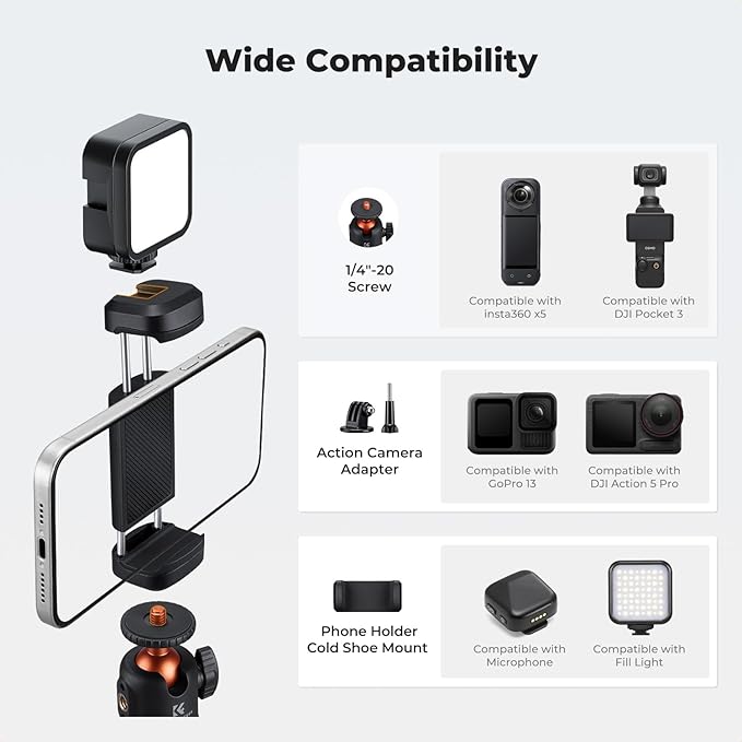 K&F CONCEPT MS62 25.6'' Mini Selfie Stick Tripod Stand, 5 Levels 360° Ball Head - Image 4
