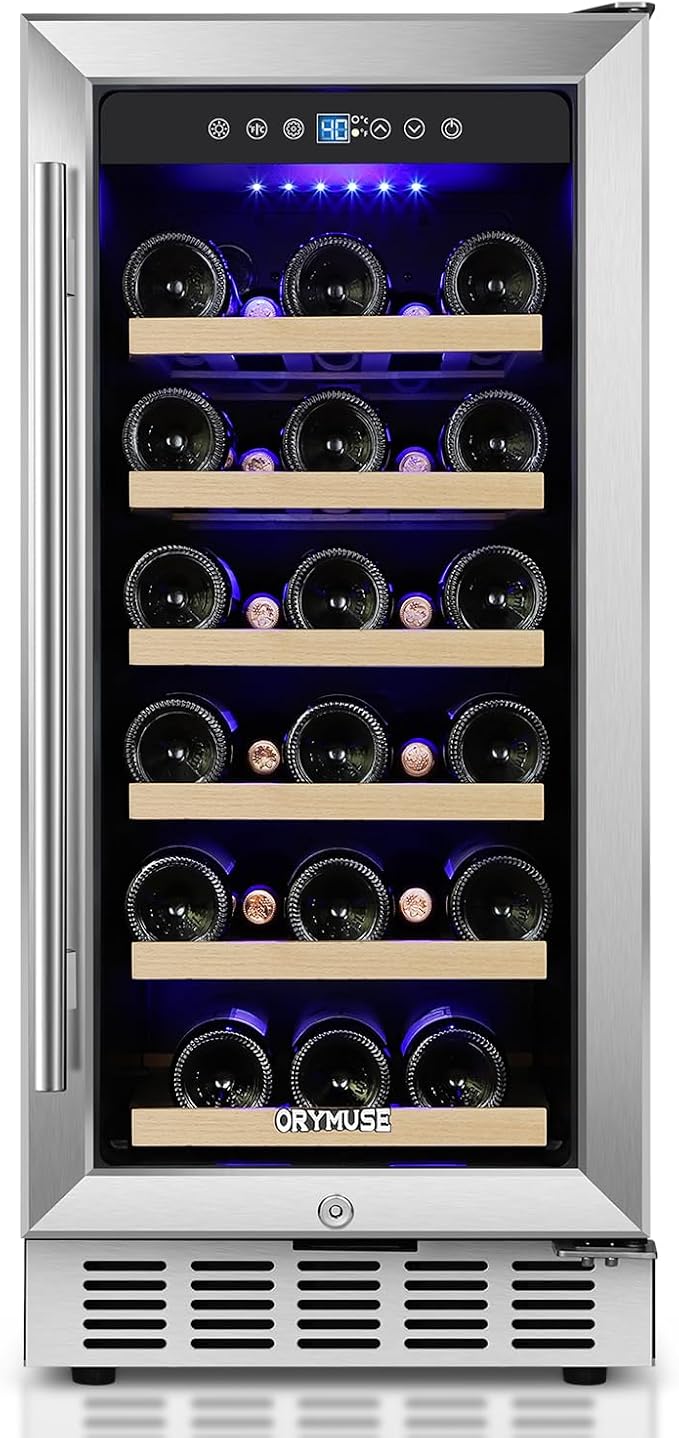 15 Inch Wine Cooler Under Counter, 30 Bottle Wine Fridge with Stainless Steel Glass Door, Built-In or Freestanding Wine Cellar with Removable Shelves and Digital Temperature Control by ORYMUSE