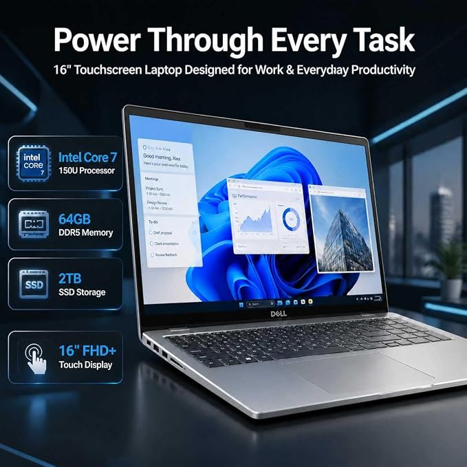 Dell 16 DC16251 Touchscreen Laptop, Intel 10-Core Core 7 150U (Up to 5.4 GHz), 16" FHD+ IPS 300 Nits Display, 64 GB DDR5 RAM, 2 TB SSD, Copilot AI, Fingerprint, Backlit KB, Wi-Fi 6E, Windows 11 Pro - Image 2