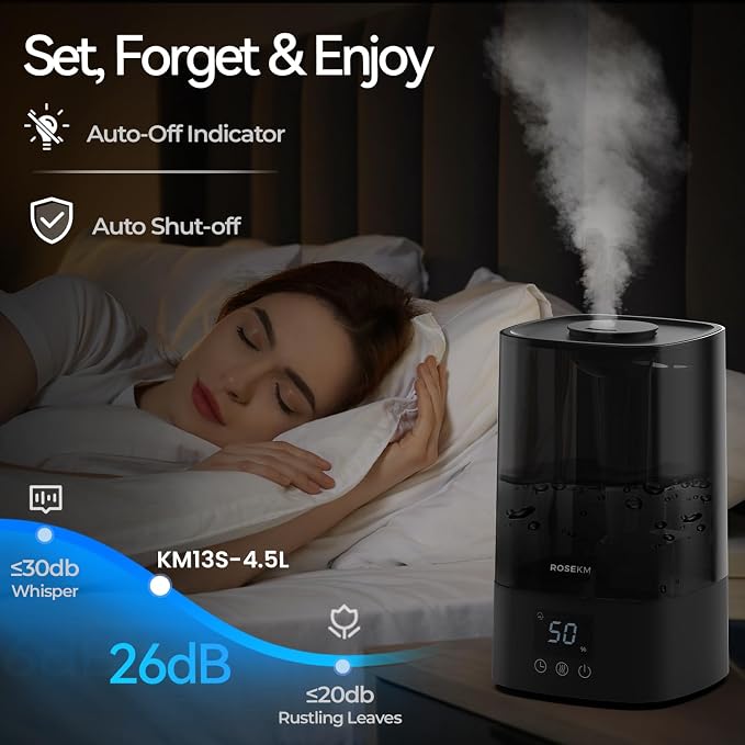 Automatic Humidifiers for Bedroom Large Room, 4.5L Cool Mist Humidifier for Home & Plant with Timer & Humidity Sensor, Last Up to 18H on High Setting, Auto Shut-Off, 360° Nozzle (Black) - Image 5