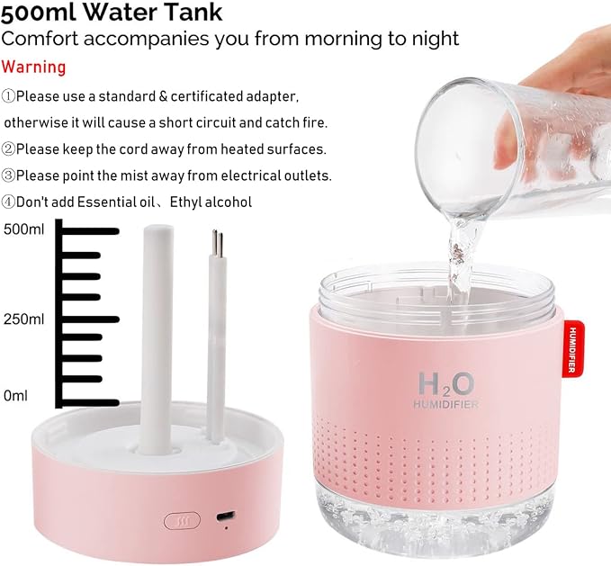 Portable Mini Cool Mist Humidifier, 500ml USB Personal Desktop Humidifier for Baby Bedroom, Travel, Office, Home - Auto Shut-Off, 2 Mist Modes, Super Quiet (Pink) - Image 5