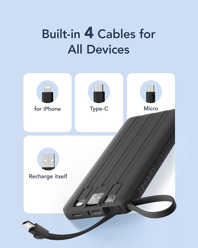 VRURC Portable Charger with Built in Cables, Slim Power Bank 10000mAh, USB C Travel Battery Pack, 5 Output 2 Input External Charging Bank for iPhone 17 16 15 14 13,Samsung,Android-Black(1 Pack) - Image 4