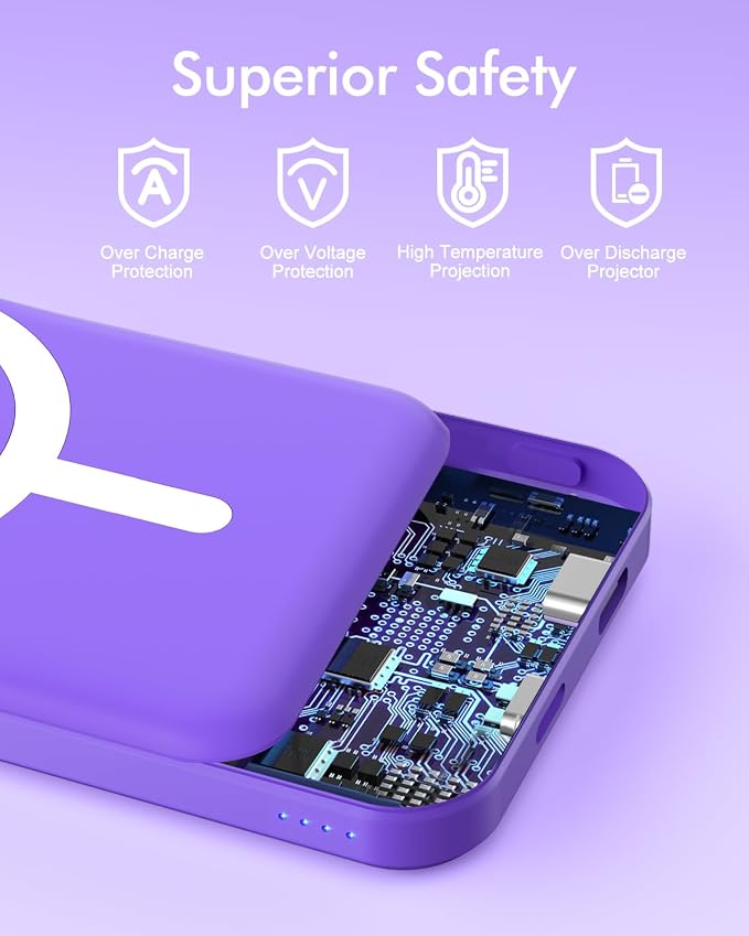 podoru for Magsafe Battery Pack, 5000mAh Magnetic Power Bank with Type-C Cable 20W PD Fast Charging Lighting Input Wireless Portable Charger for iPhone 17/16/15/14/13/12/ All Series-Demon Purple - Image 7