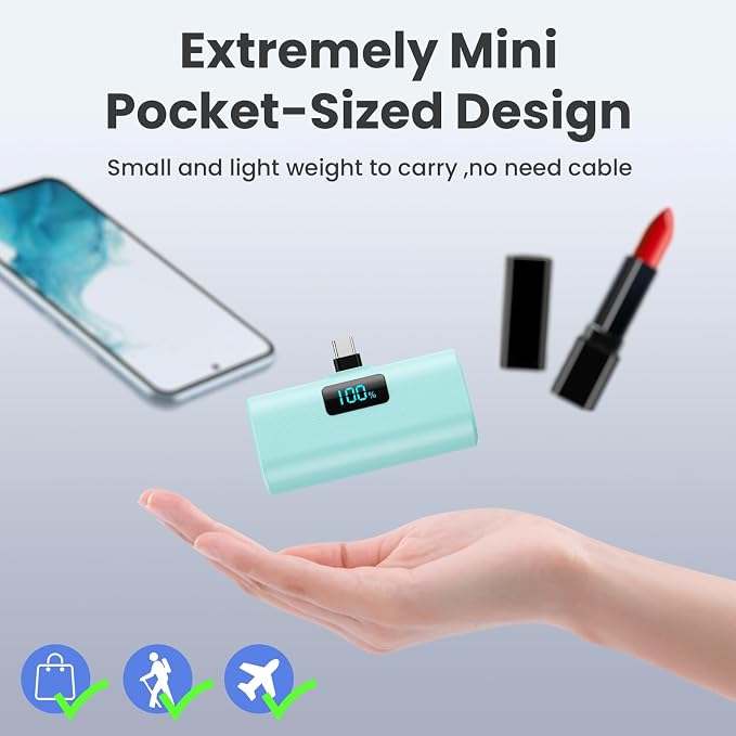 Mini Portable Charger USB C Power Bank,Upgraded 5500mAh PD Fast Charging Battery Pack Built-in USB-C Connector Travel Essential for iPhone17/17Pro/17Pro Max/Air/16 Plus/16Pro Max/15 Series (Green) - Image 3