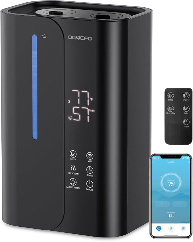 5L Cool Mist Humidifiers for Bedroom Large Room, Top Fill Ultrasonic Smart Air Humidifier for Baby & Plants with Essential Oil Diffuser, 50H Runtime 28 dB Quiet Baby Humidifier by OGACFO