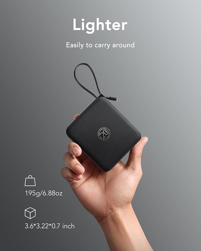 VRURC Portable Charger with Built-in Cable, 10000mAh 22.5W Fast Charging USB C Battery Pack, Cell Phone Power Bank for iPhone 17 16 15 Series Android Tablet (Black) - Image 5