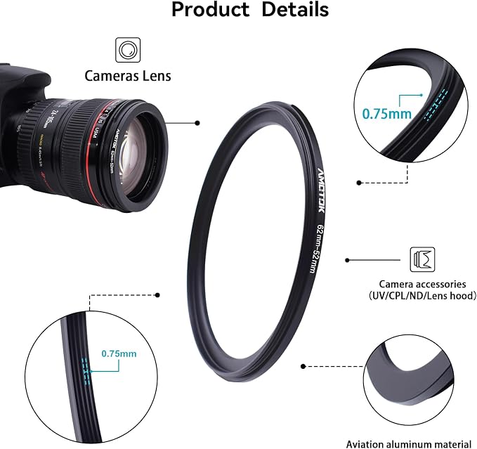 62mm Lens to 52mm Camera Lens Adapter, 62mm to 52mm Filter Step-Down Ring - Image 3