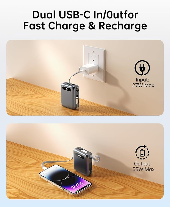 Portable Charger Power Bank, Ultra Mini 10000mAh Portable Charger with Built-in Cables, 35W Fast Charging Battery Pack, Travel Essential Compatible with iPhone 17 16 15 Samsung S22 S21 Google iPad etc - Image 5