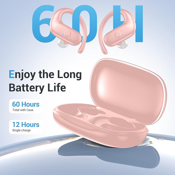Sport Wireless Earbuds,60Hrs BT5.4 ENC IPX7 Waterproof Earhooks Deep Bass | 14.2mm drivers deliver rich stereo sound. Soft silicone ensures a secure, painless fit for long workouts. - Image 7