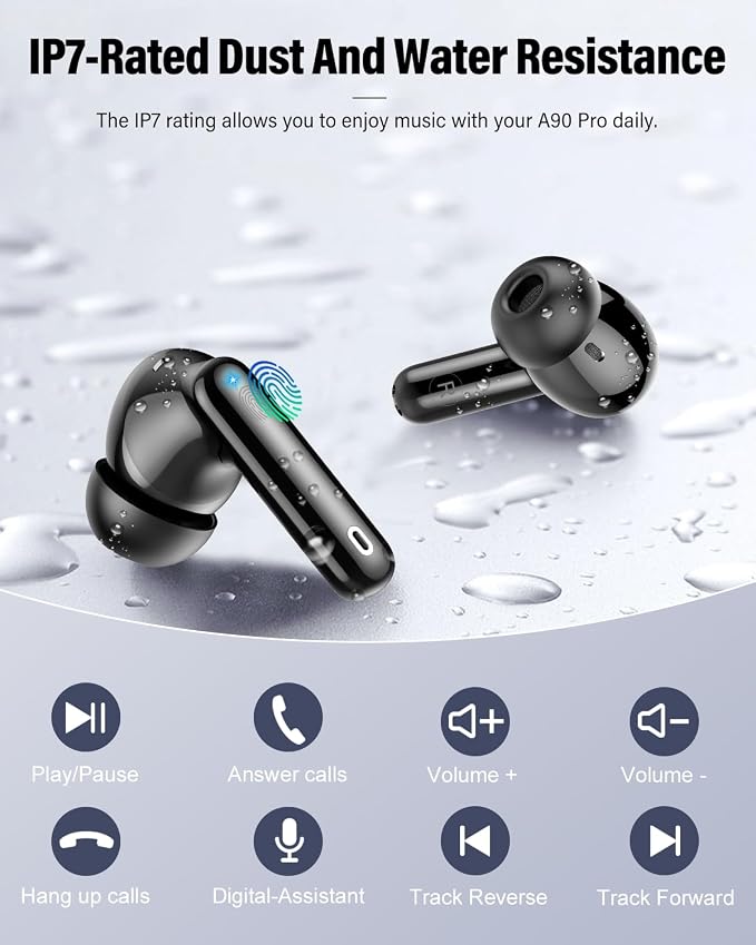 Wireless Earbuds, Bluetooth 5.4 Headphones Bass Stereo/Clear Calls, Black | Ear Buds with Noise Cancelling Mic LED Display in Ear Earphones IP7 Waterproof 36H Bluetooth Earbuds for Phones/Sport/Laptop - Image 7