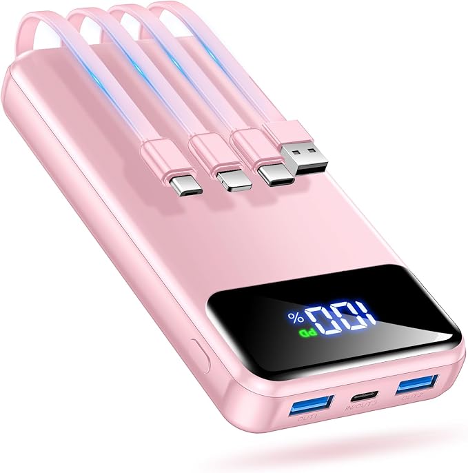 OHOVIV Portable Charger Power Bank 50000mAh Battery Pack, 22.5W Fast Charging PowerBank with Built in Cables,Travel Essential USB-C Portable Phone Charger for iPhone Samsung Pixel Android iPad-Pink by OHOVIV
