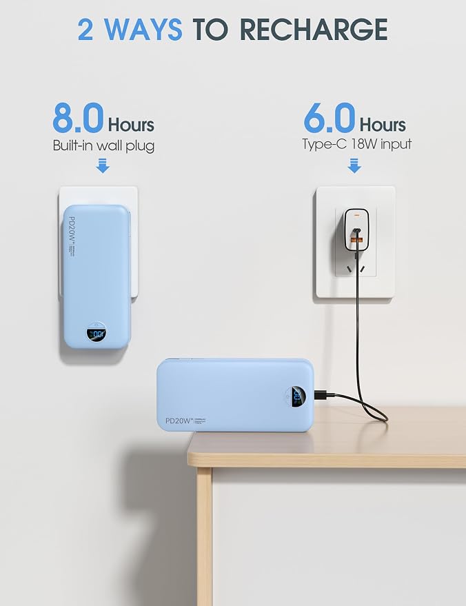 citicr Portable Charger Power Bank, 20000mAh PD20W USB C Fast Charging with Built-in Cables & Wall Plug, External Battery Pack with LED Display, Travel Essentials for iPhone, iPad, Samsung Blue - Image 6