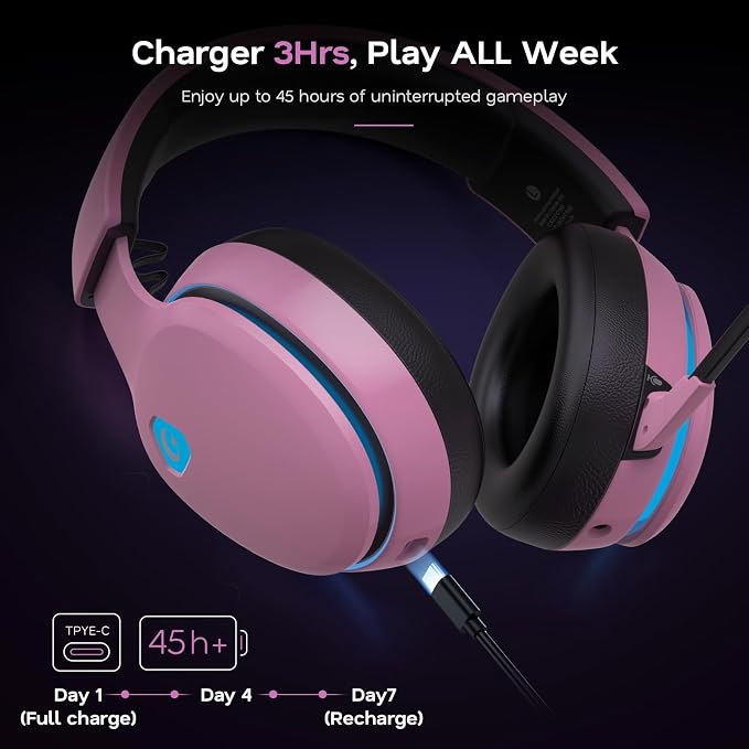 AOC 2.4GHz Wireless Gaming Headset for PS5, PS4, Switch, 45Hr, Blush Pink | Bluetooth 6.0 Gaming Headphones with Noise Canceling Mic, 7.1 Virtual Surround, Great for Fortnite & Call of Duty/FPS Gamers - Image 6
