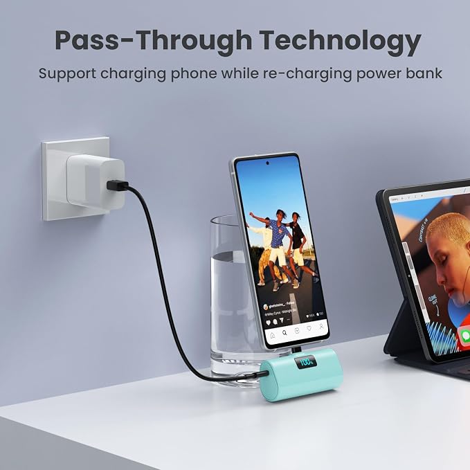Mini Portable Charger USB C Power Bank,Upgraded 5500mAh PD Fast Charging Battery Pack Built-in USB-C Connector Travel Essential for iPhone17/17Pro/17Pro Max/Air/16 Plus/16Pro Max/15 Series (Green) - Image 5