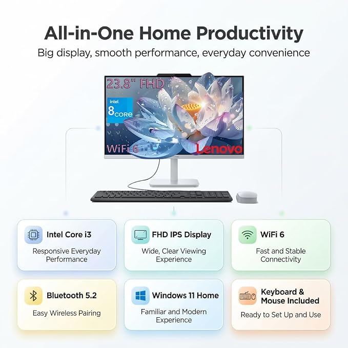 Lenovo 24 23.8" i3-N305 16GB 512GB SSD FHD IPS All-in-One Desktop Computer | WiFi 6, Bluetooth 5.2, Windows 11 Home, Keyboard & Mouse, Cloud Grey AIO for Home Office Work, Study and Video Calls - Image 2
