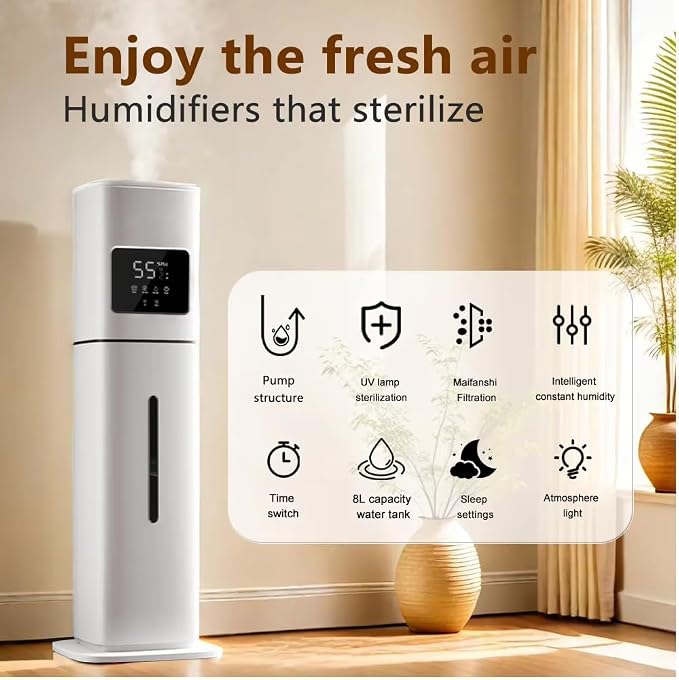 Smart White Humidifier, 2.1Gal/8L Large Capacity Cool Mist Humidifier with 3 Mist Levels, Auto Humidity Control, Timer & Auto Shut-Off, LED Panel & Remote, 360° Nozzle for Nursery, Office, Plants - Image 3