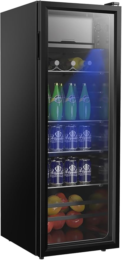 Beverage Refrigerator with Freezer 180 Can Freestanding Cooler Black | Adjustable Shelving Glass Door for Beer Soda or Wine Perfect for Home Office or Bar, by KRIBBLING
