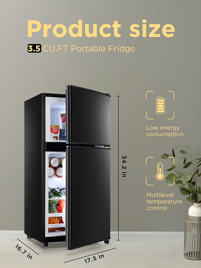F.W.WOOLWORTHS 3.5 Cu.Ft Refrigerator with Freezer | Compact Fridge with 2 Doors for Office, Kitchen, Dorm and Bedroom, 7 Level Temp Adjustable Thermostat, Black - Image 2