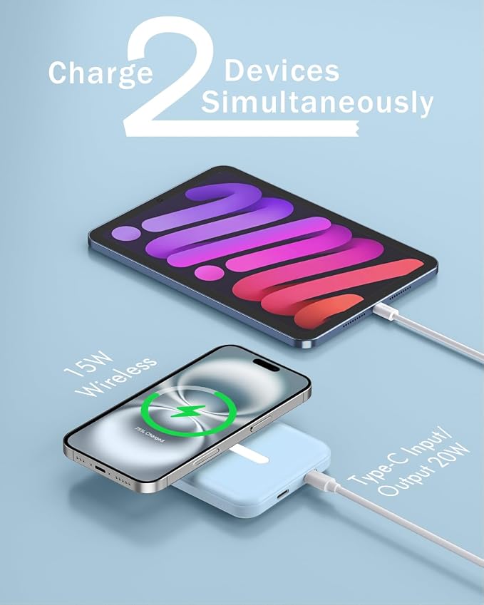 podoru for Magsafe Battery Pack, 5000mAh Magnetic Power Bank with Type-C Cable 20W PD Fast Charging Lighting Input Wireless Portable Charger for iPhone 17/16/15/14/13/12/ All Series-Sierra Blue - Image 5