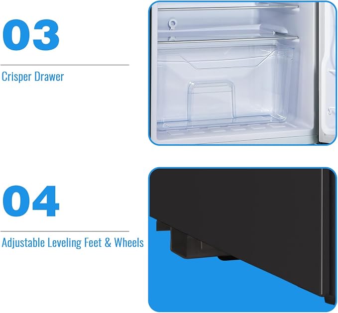 3.5 Cu.Ft Retro Mini Fridge with Handle Compact Refrigerator Black | Dual Door Refrigerator with Freezer 7 Gears Temperature Control Ideal for Bedroom Dorm Office - Image 6