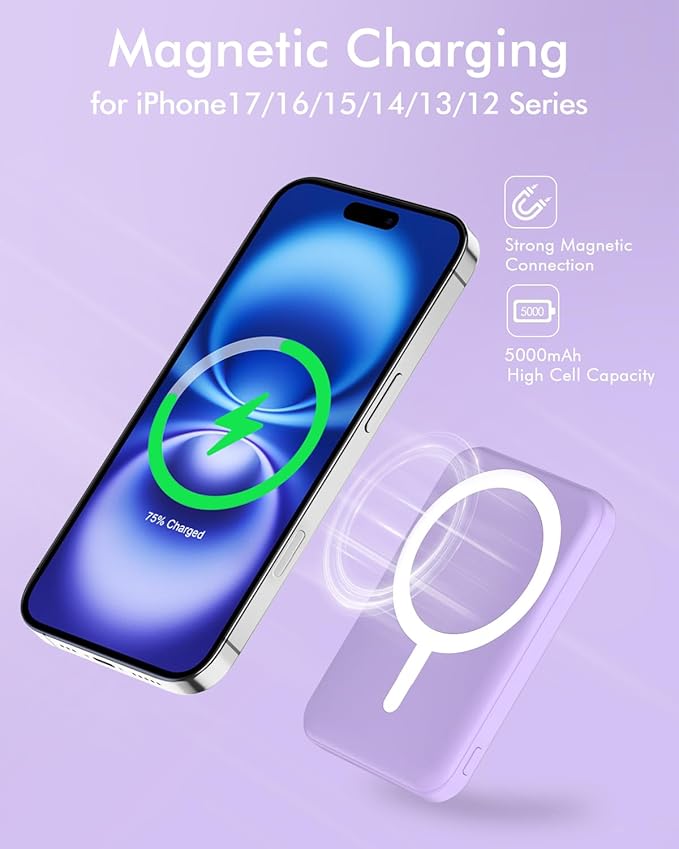 podoru for Magsafe Battery Pack, 5000mAh Magnetic Power Bank with Type-C Cable 20W PD Fast Charging Lighting Input Wireless Portable Charger for iPhone iPhone 17/16/15/14/13/12/ All Series-Purple - Image 3