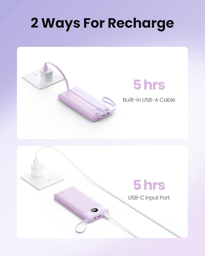 Portable Charger with Built-in Cable, 10000mAh Slim USB C Power Bank, External Battery Pack 5 Outputs 2 Inputs LED Display Compatible with iPhone/Android & More (Lavender) - Image 6