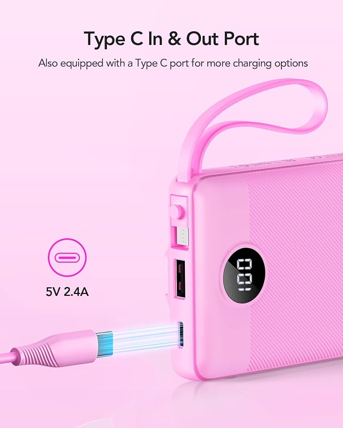 VRURC Portable Charger 10000mAh, Travel Essentials Battery Pack, 5 Output 2 Input Power Bank, Built-in Micro & USB C Cables Phone Charger for iPhone 17 Pro 17 16 15 14 13,Android-Purple(1 Pack) - Image 4